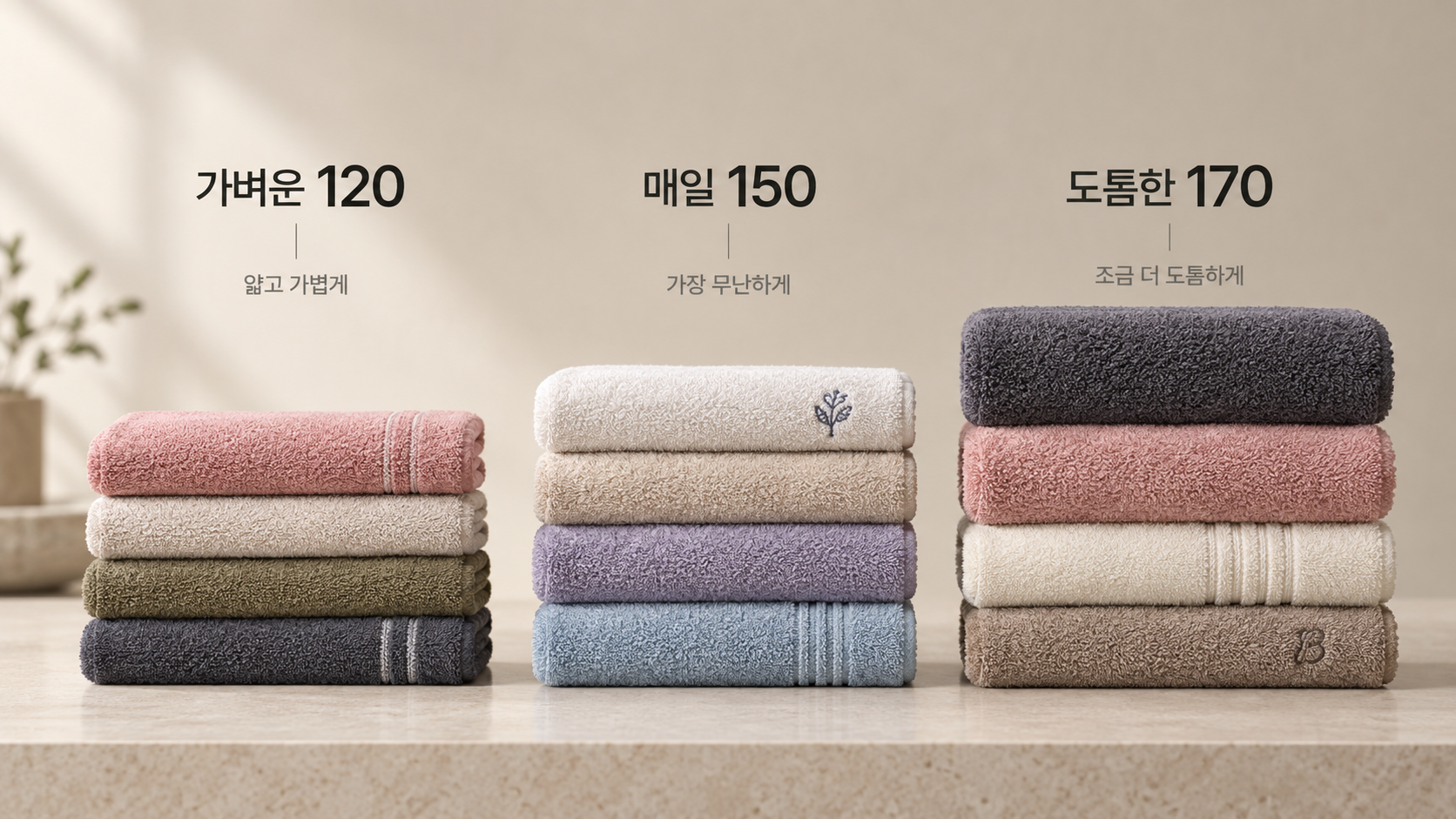 중량별 두께 비교: 가벼운 120, 얇고 가볍게. 매일 150, 가장 무난하게. 도톰한 170, 조금 더 도톰하게.